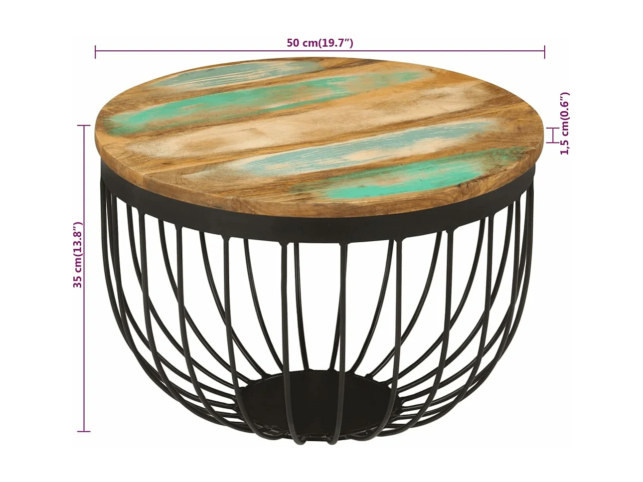 Tavolino Ø50x35 cm in Legno Massello di Recupero e Acciaio