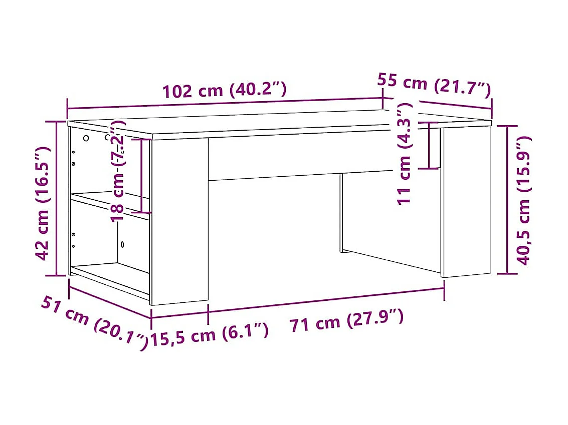Table basse chêne fumé 102x55x42 cm bois d'ingénierie