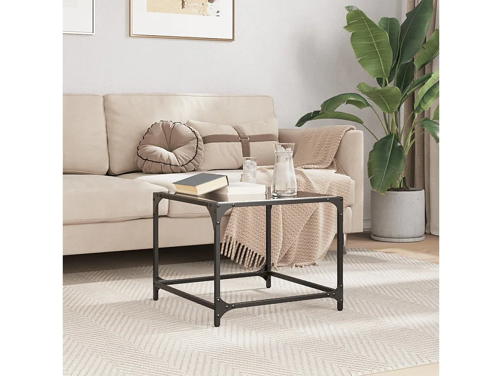 Tavolino con Piano in Vetro Nero 50x50x40 cm Acciaio