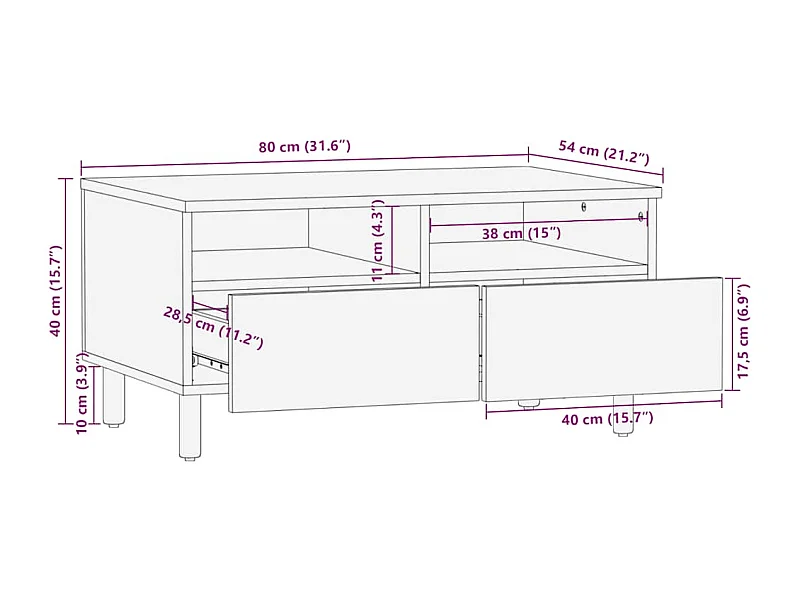 Table basse marron 80x54x40 cm bois massif de manguier