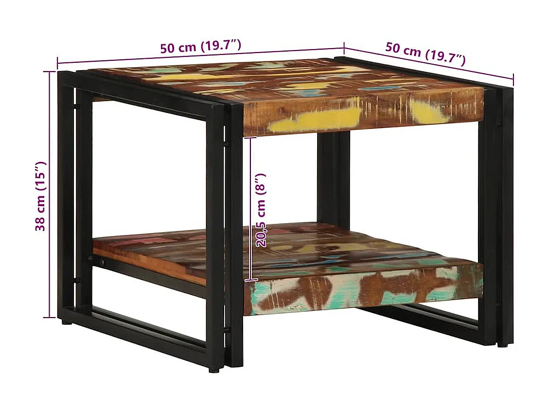 Table basse multicolore 50x50x38 cm bois de récupération massif