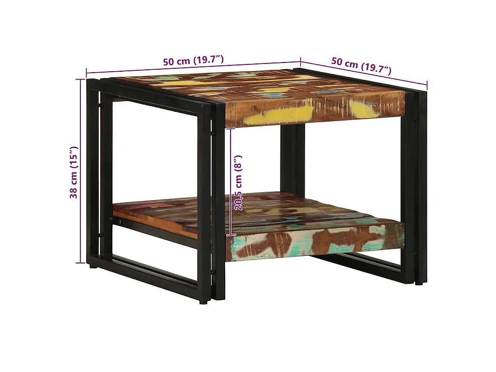 Table basse multicolore 50x50x38 cm bois de récupération massif
