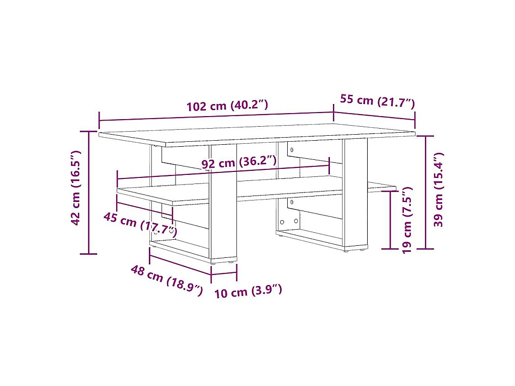 Table basse chêne artisanal 102x55x42 cm bois d'ingénierie