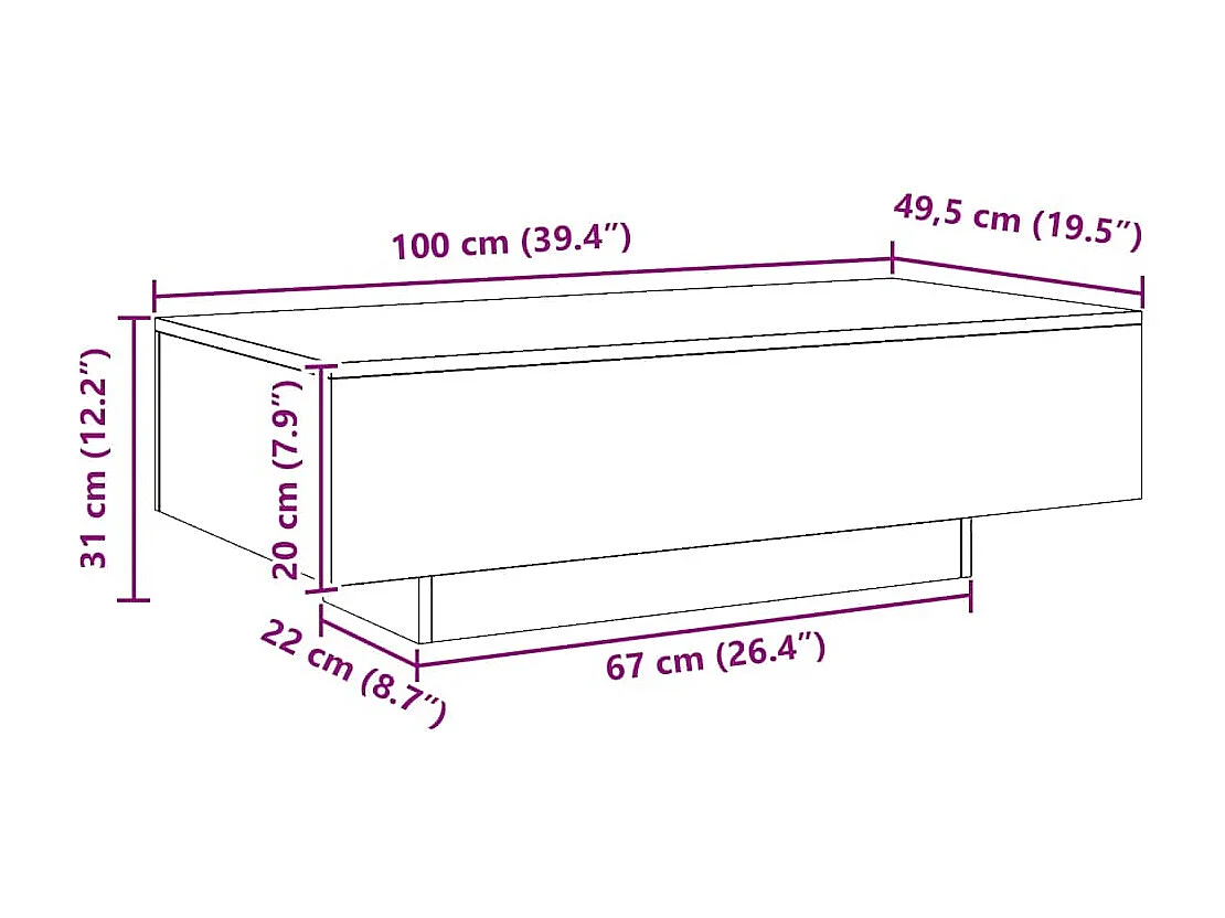 Tavolino Salotto Rovere Artigianale 100x49,5x31cm Multistrato
