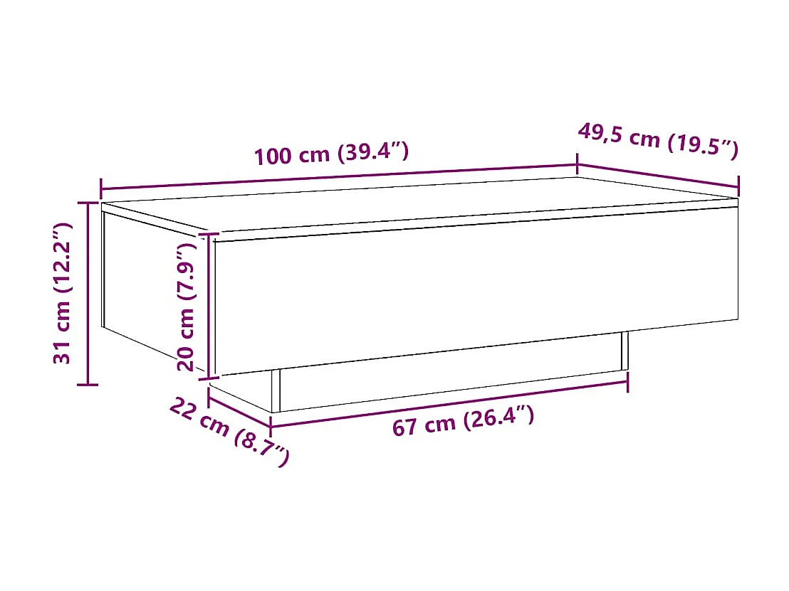 Tavolino Salotto Rovere Artigianale 100x49,5x31cm Multistrato