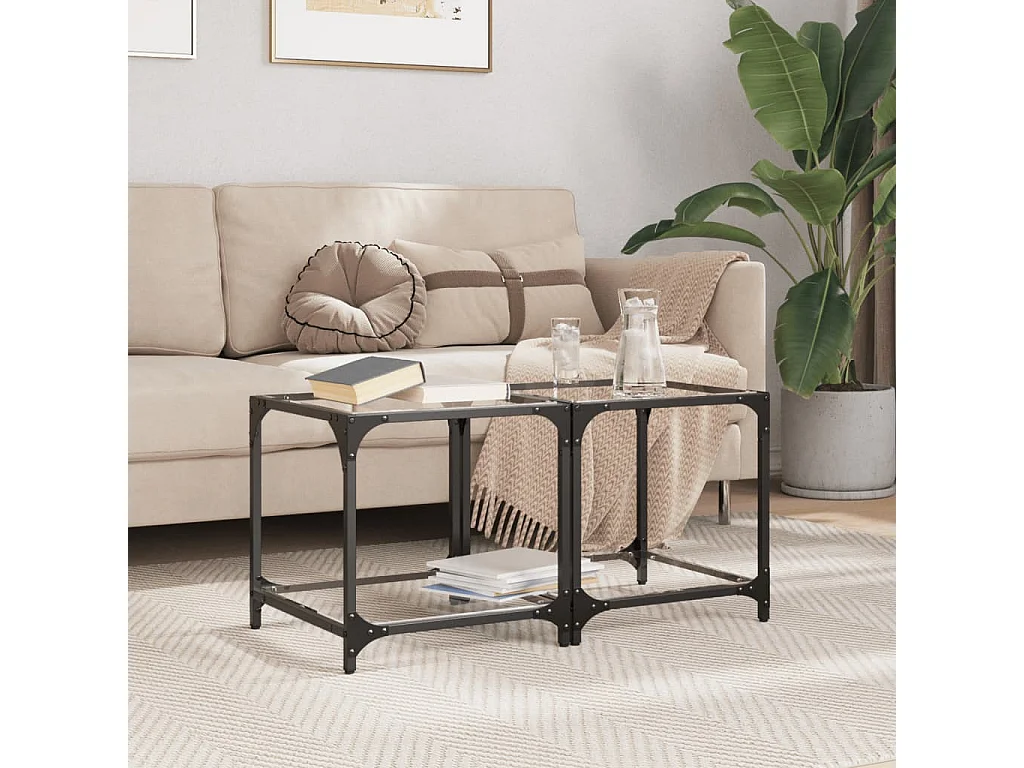 Salontafels 2 st met transparant glazen blad 40x40x40 cm staal