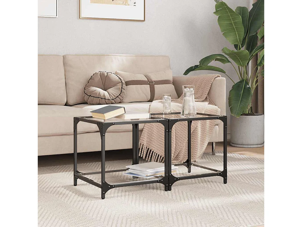 Mesas de centro c/ topo vidro transparente 2 pcs 40x40x40cm aço