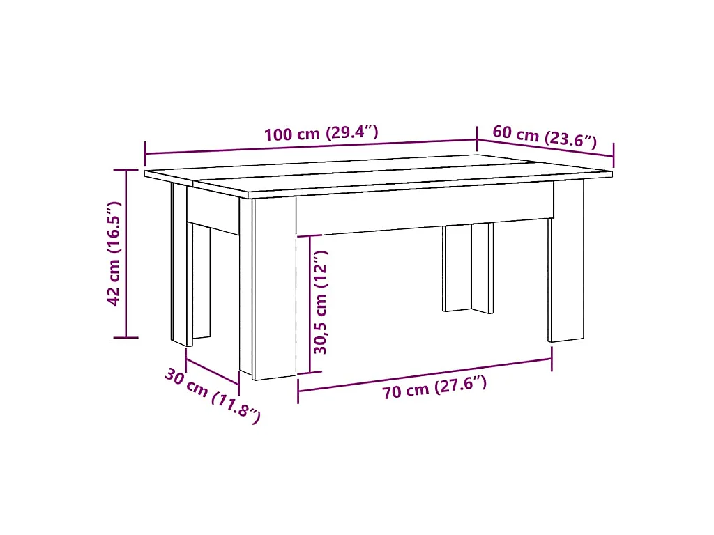Salontafel 100x60x42 cm bewerkt hout artisanaal eikenkleur