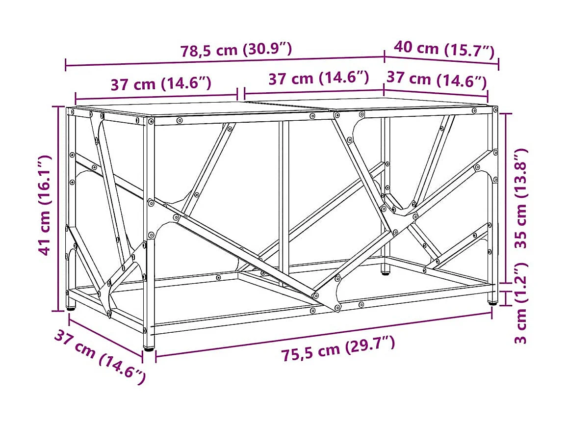 Table basse avec dessus en verre noir 78,5x40x41 cm acier