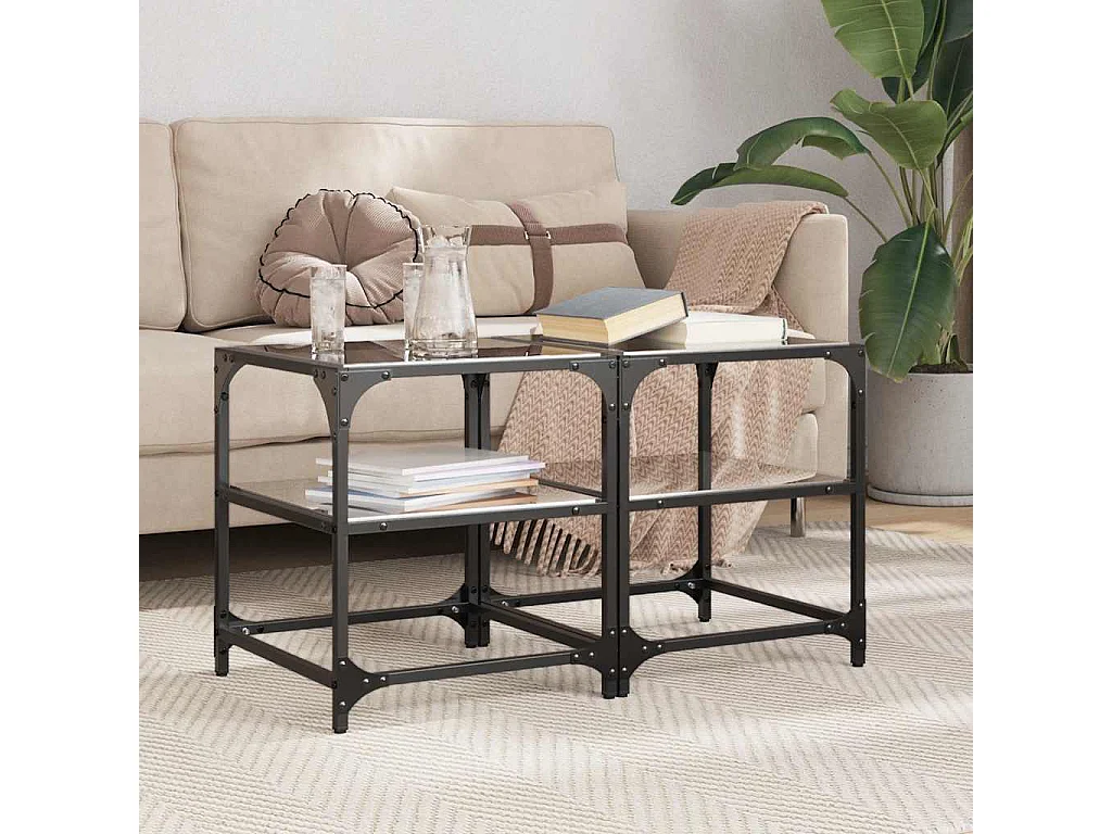 Couchtische mit Glasplatten 2 Stk. Schwarz 40x40x45 cm Stahl