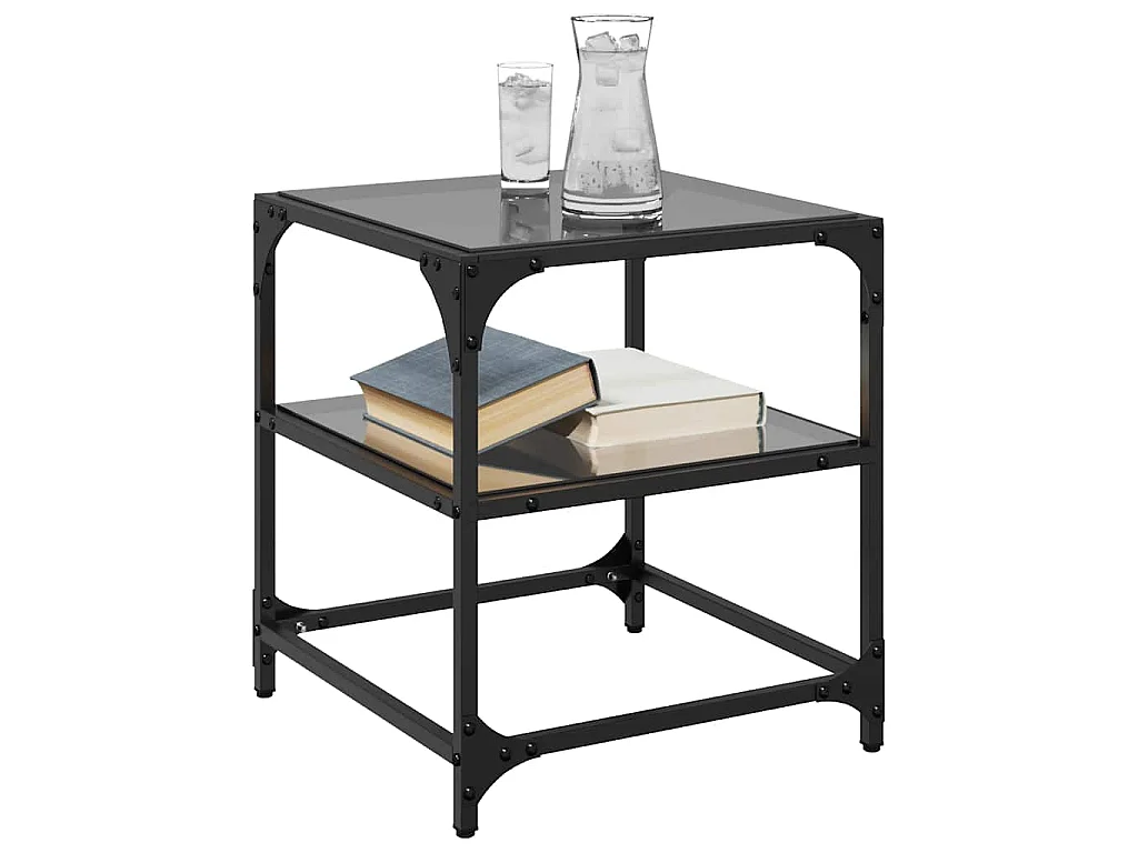 Tavolini da Salotto con Piano Vetro Nero 2pz 40x40x45cm Acciaio