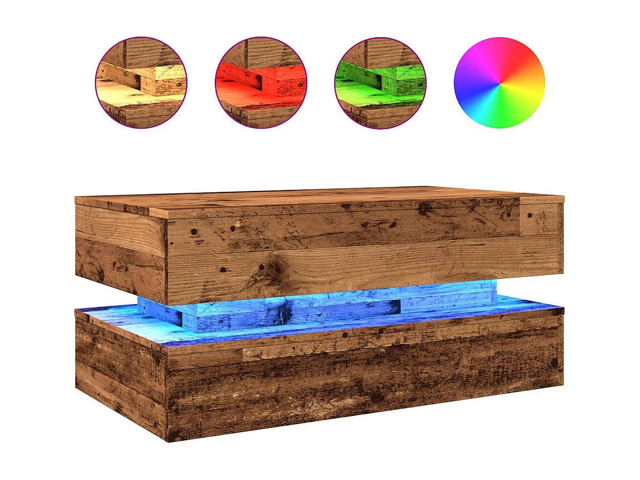 Table basse avec lumières LED vieux bois 90x50x40 cm