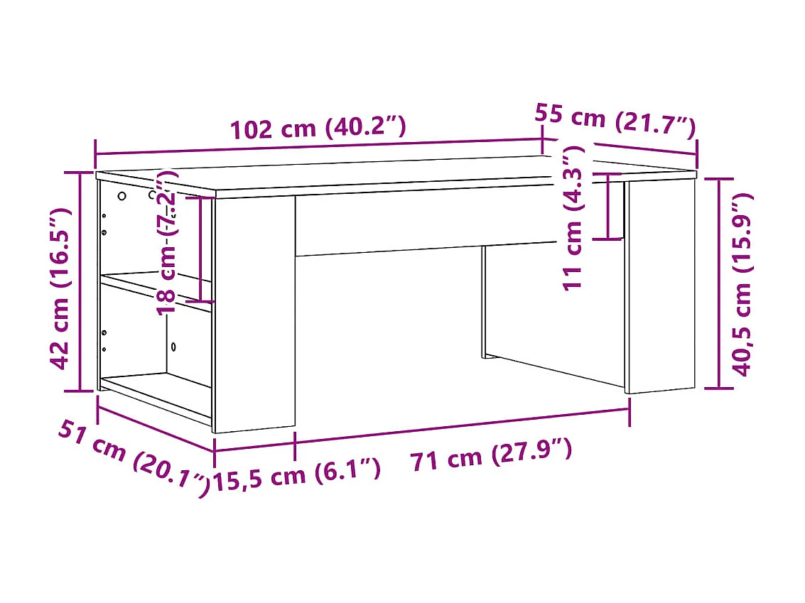 Table basse chêne sonoma 102x55x42 cm bois d'ingénierie