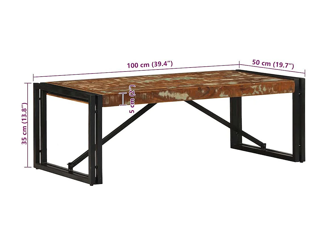 Table basse multicolore 100x50x35cm bois de récupération massif