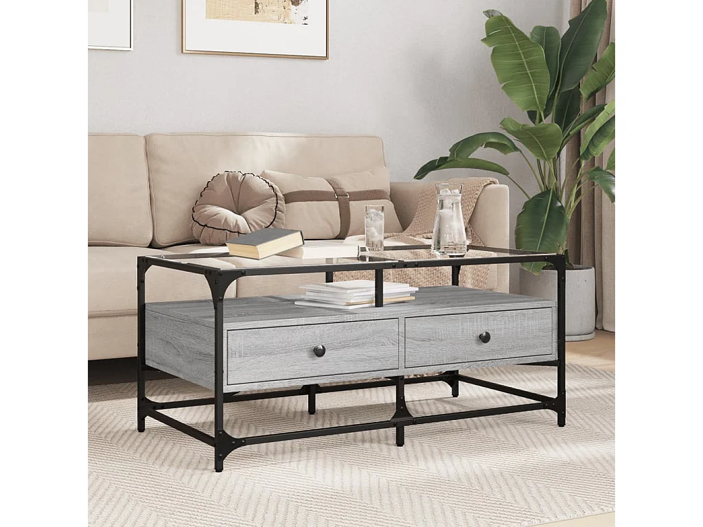 Tavolino con Piano in Vetro Grigio Cemento 98,5x50x45cm Acciaio