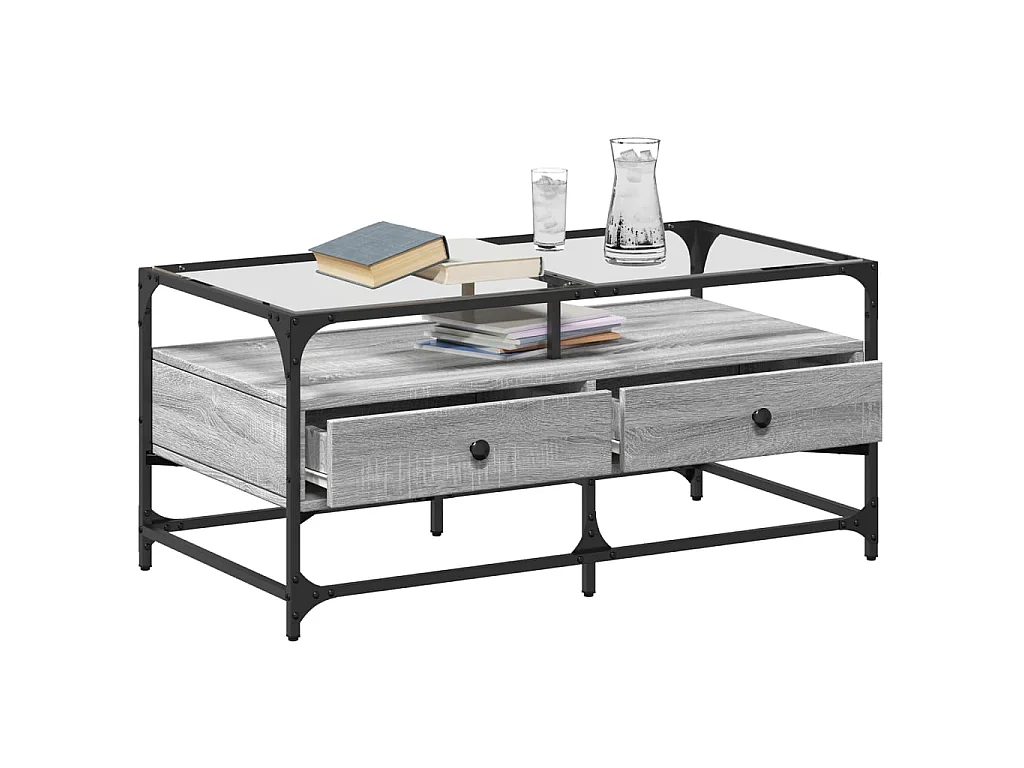 Table basse avec dessus en verre sonoma gris 98,5x50x45cm acier