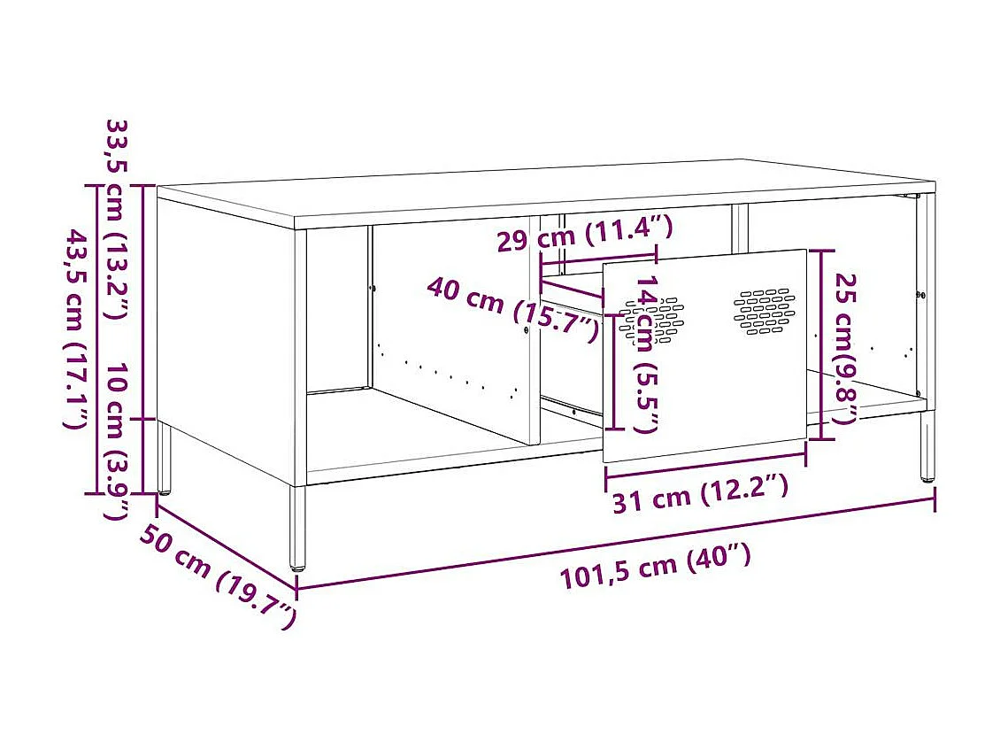 Table basse jaune moutarde 101,5x50x43,5cm acier laminé à froid