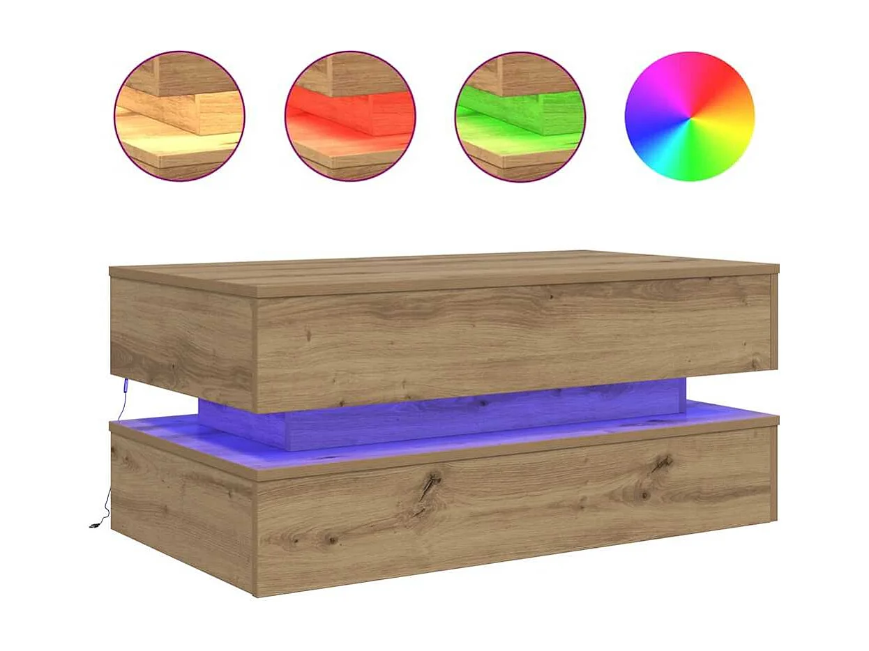 Table basse avec lumières LED chêne artisanal 90x50x40 cm