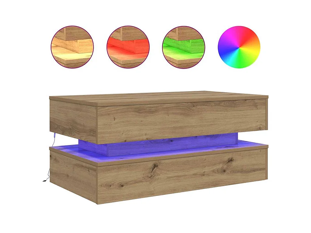 Table basse avec lumières LED chêne artisanal 90x50x40 cm