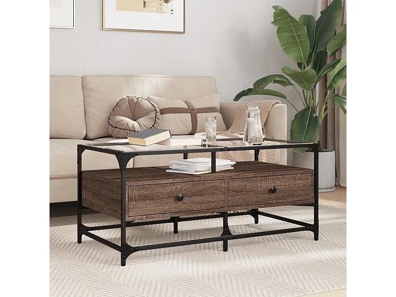 Salontafel met glazen blad 98,5x50x45 cm sonoma eiken staal