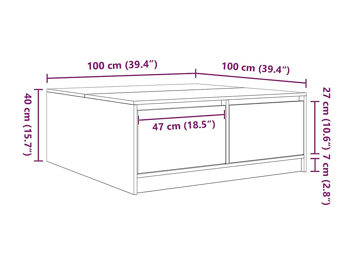 Tavolino da Salotto con Cassetti Legno Antico 100x100x40 cm