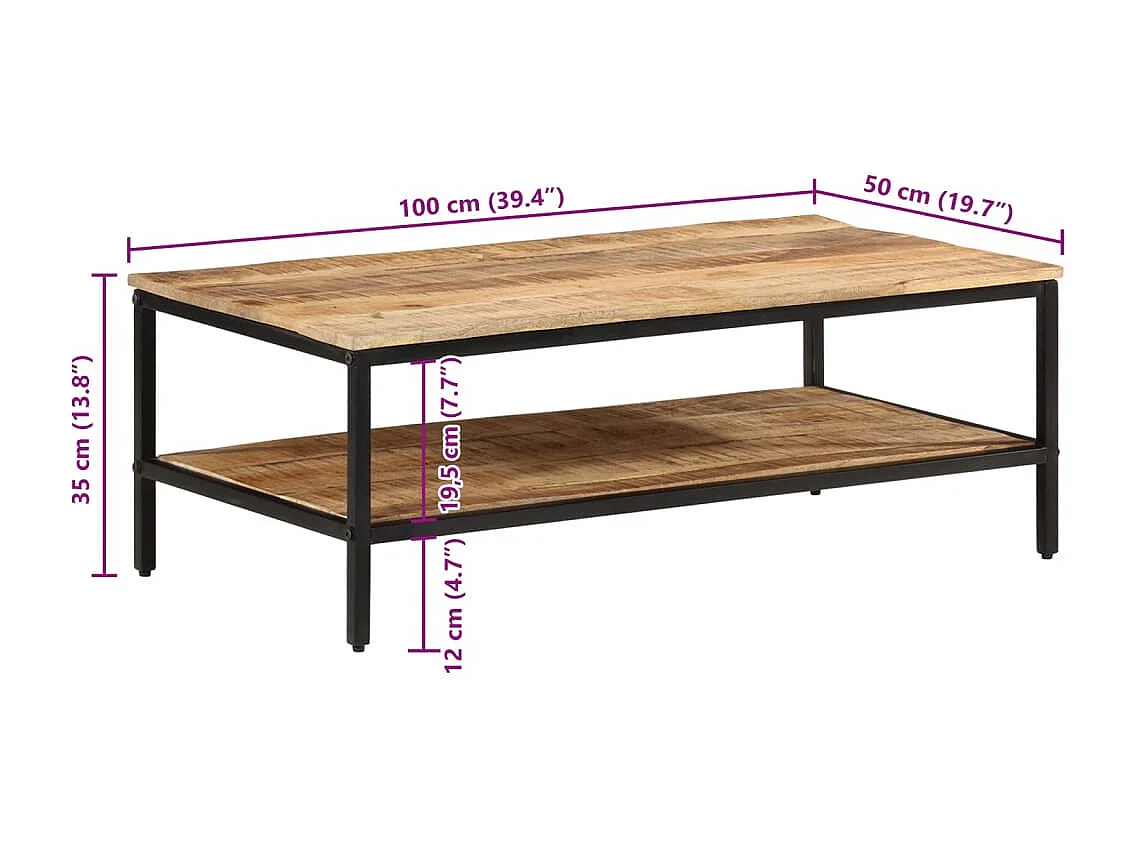 Table basse 100x50x35 cm bois de manguier massif brut