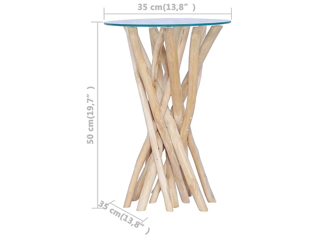 Table basse avec dessus en verre 35x35x50cm Bois de teck massif