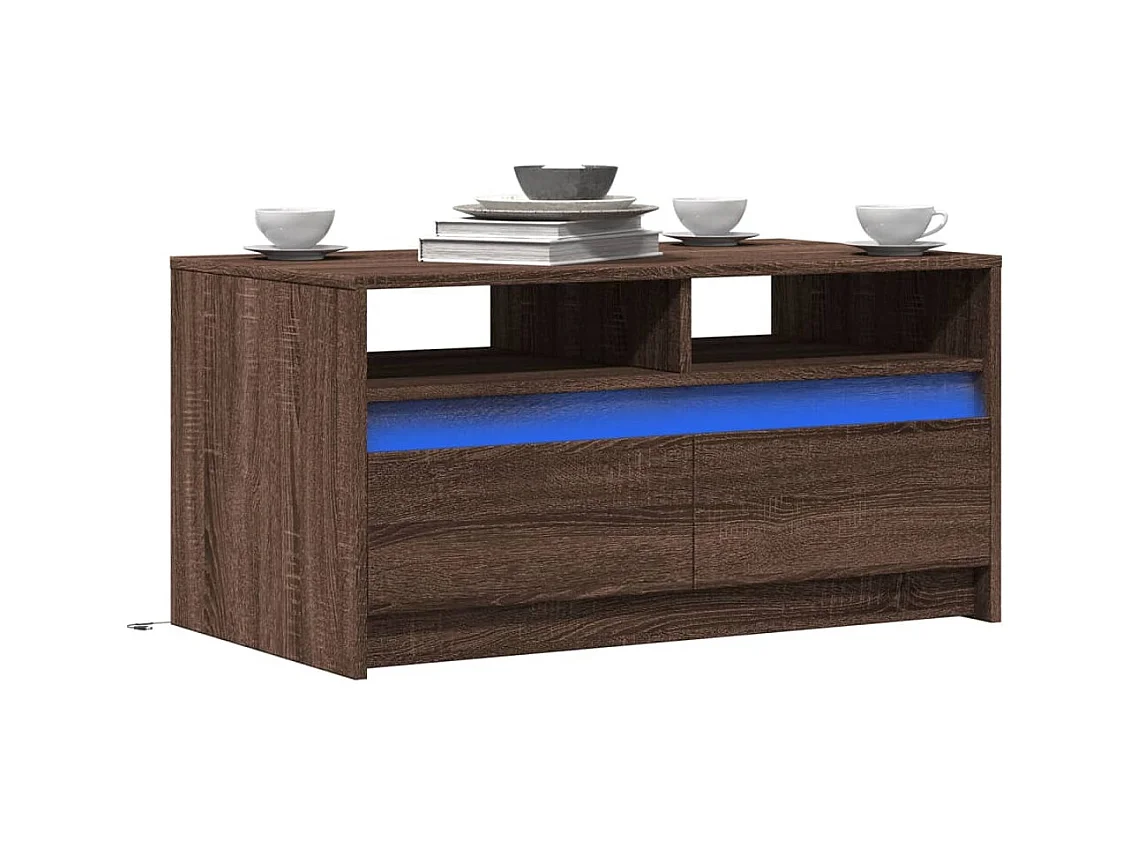 Table basse avec lumières LED chêne marron bois d'ingénierie