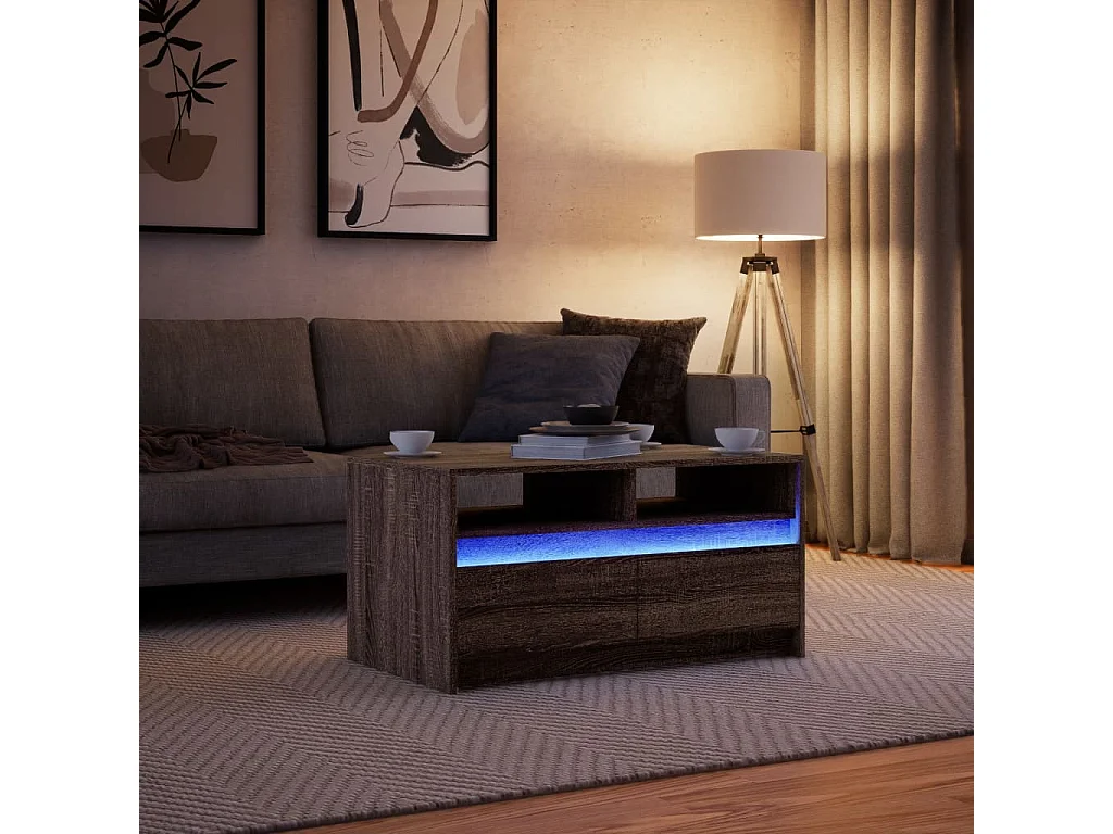 Table basse avec lumières LED chêne marron bois d'ingénierie