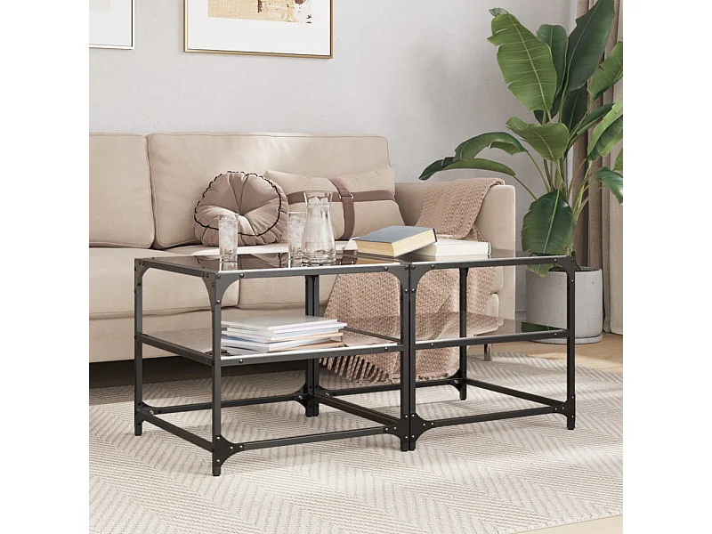 Couchtische mit Glasplatten 2 Stk. Schwarz 50x50x45 cm Stahl