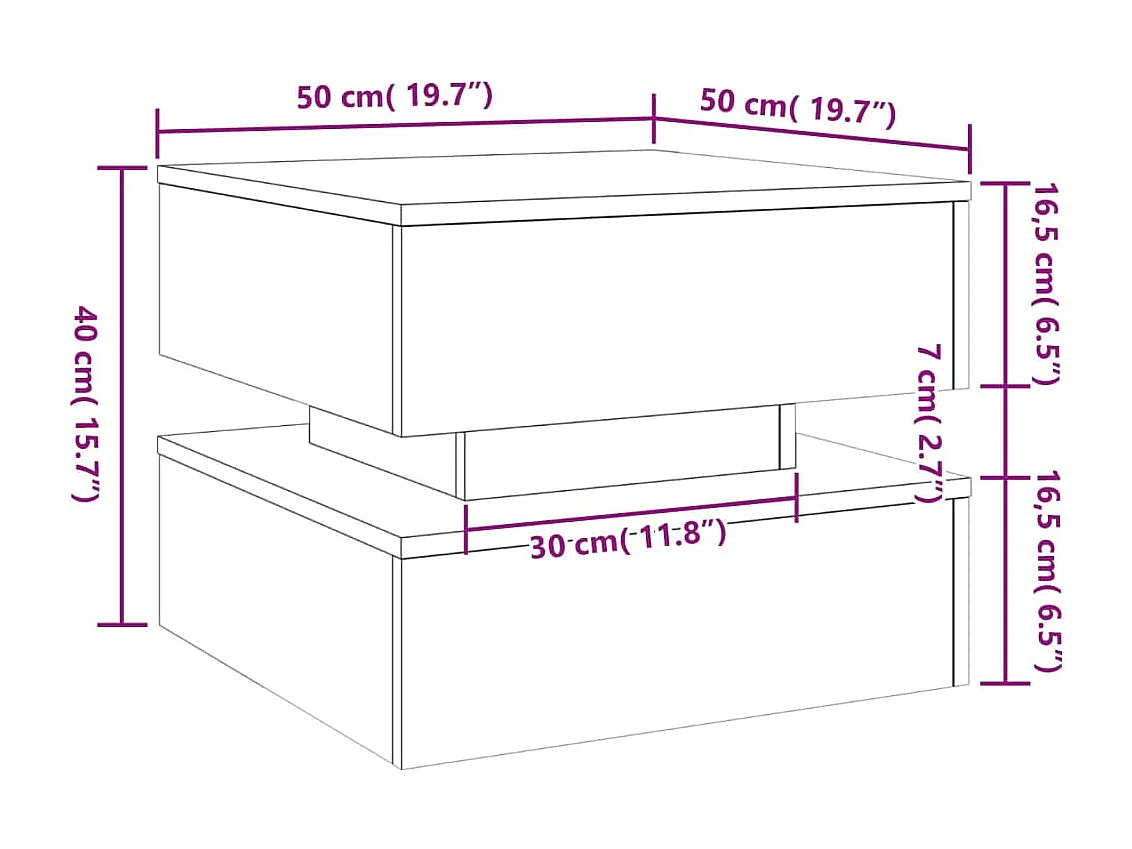 Table basse avec lumières LED vieux bois 50x50x40 cm