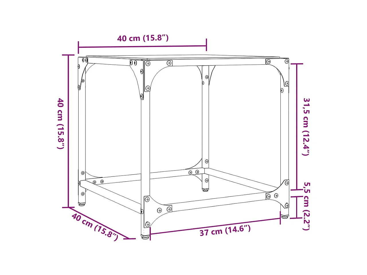 Table basse avec dessus en verre noir 40x40x40 cm acier