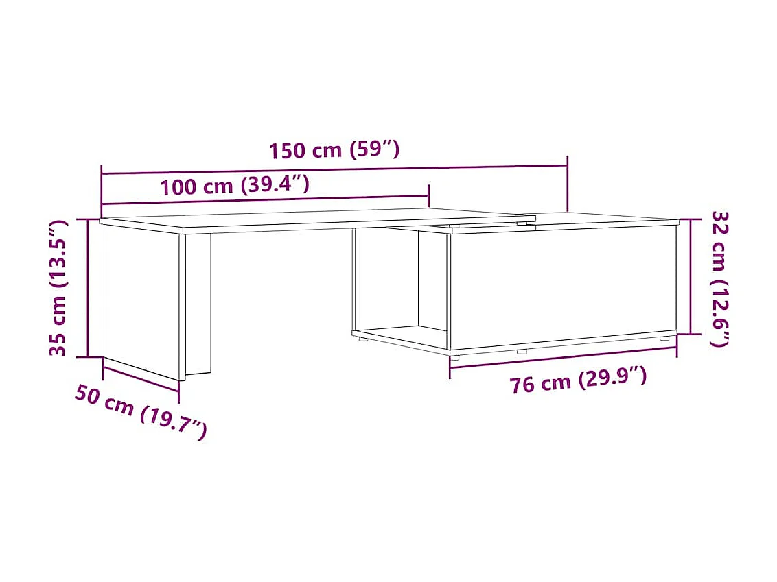 Table basse chêne artisanal 150x50x35 cm bois d'ingénierie