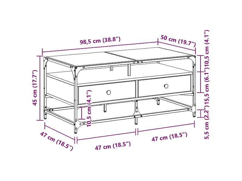 Table basse avec dessus en verre chêne fumé 98,5x50x45 cm acier
