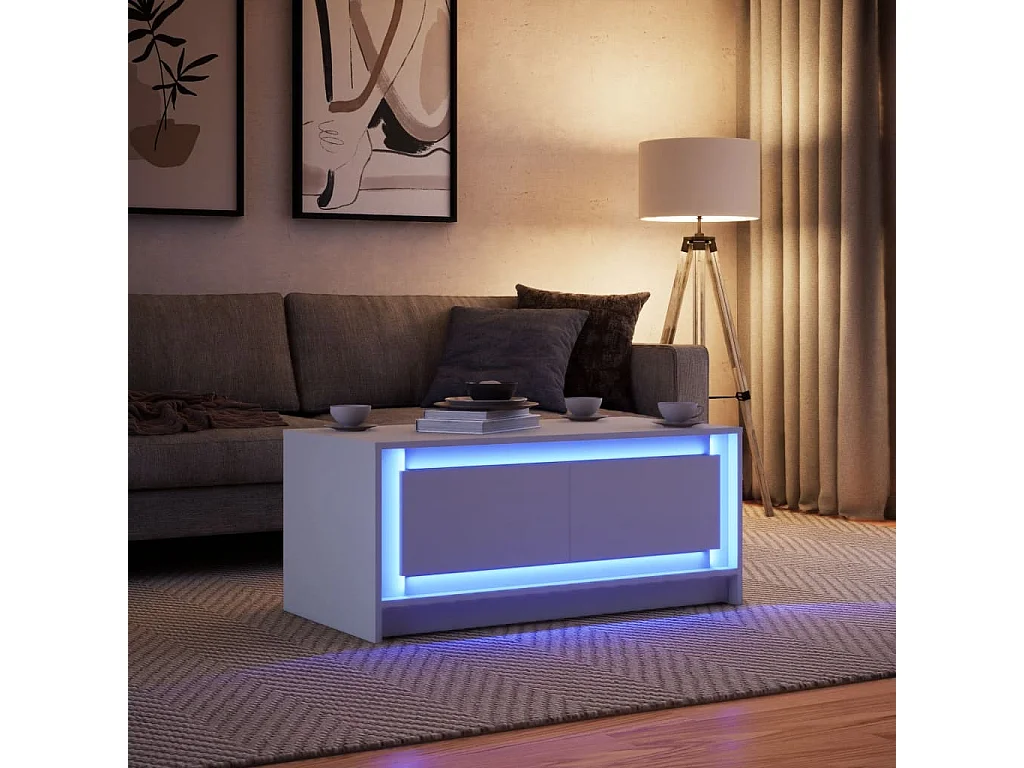 Table basse avec lumières LED blanc bois d'ingénierie
