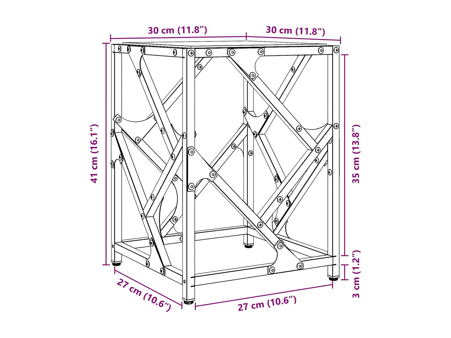 Salontafel met transparant glazen blad 30x30x41 cm staal