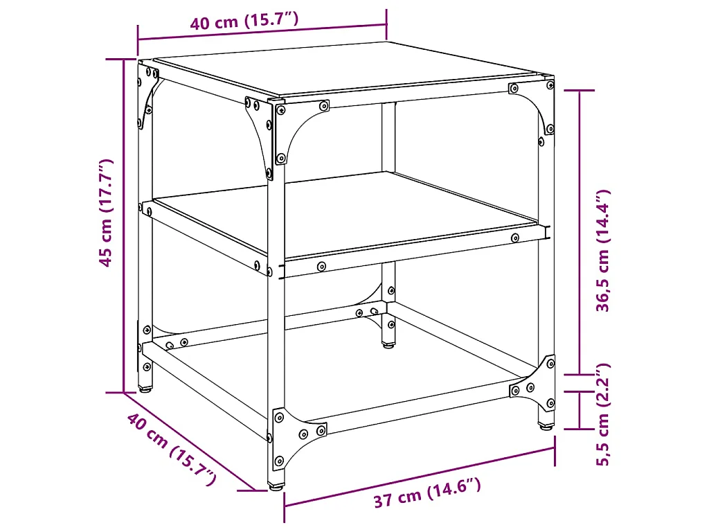Salontafel met transparant glazen blad 40x40x45 cm staal
