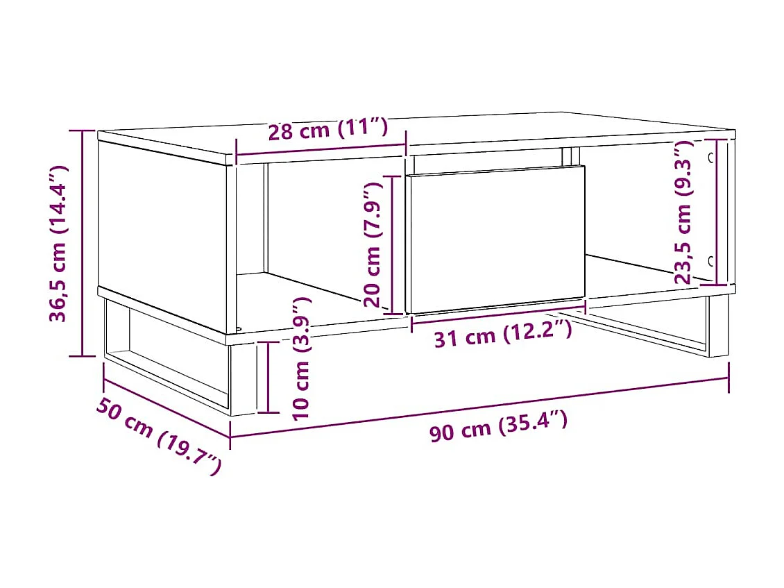 Salontafel 90x50x36,5 cm bewerkt hout artisanaal eikenkleurig