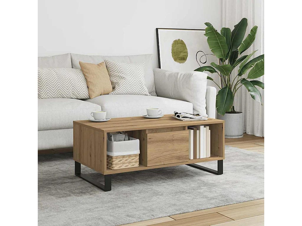 Salontafel 90x50x36,5 cm bewerkt hout artisanaal eikenkleurig