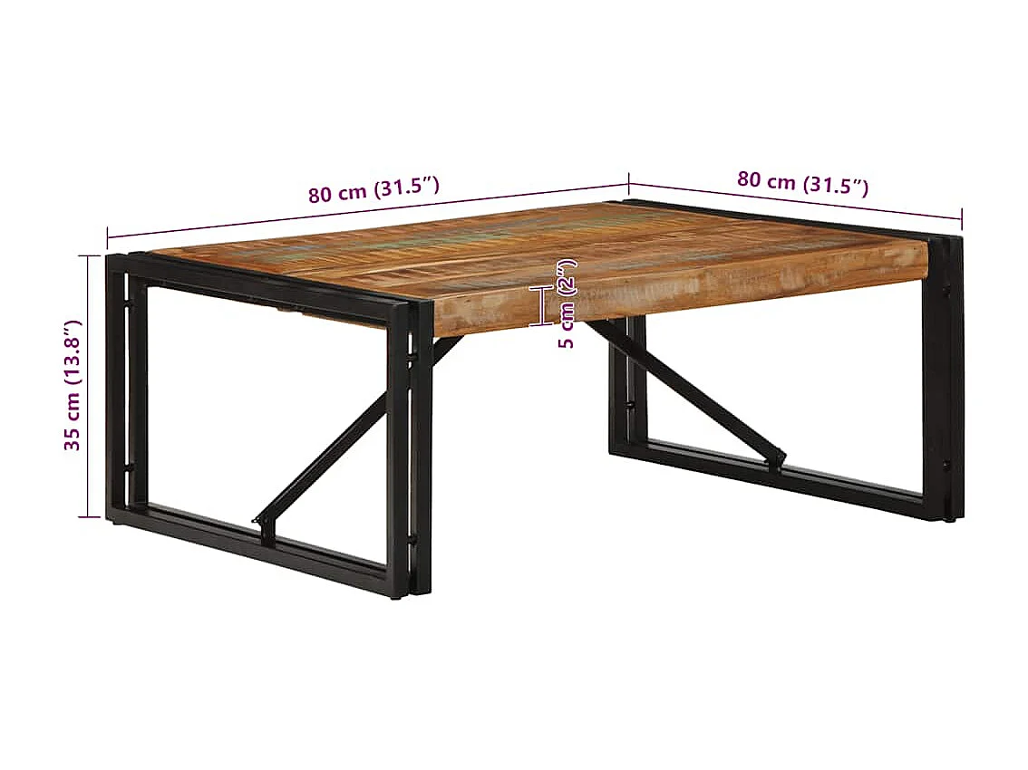 Table basse multicolore 80x80x35 cm bois de récupération massif