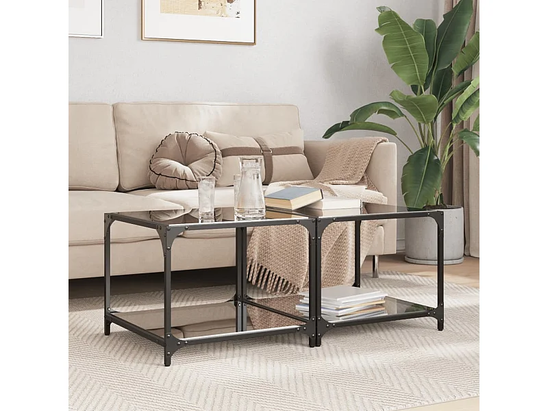 Tavolini da Salotto con Piano Vetro Nero 2pz 50x50x40cm Acciaio