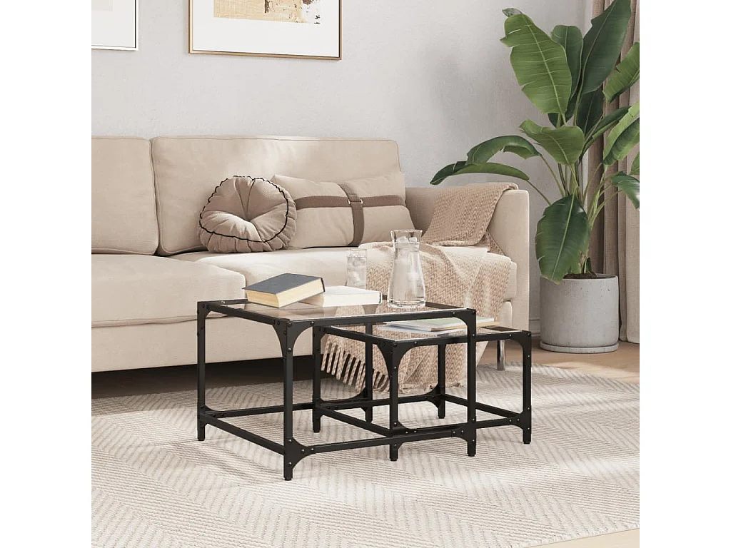 Tables basses gigognes 2 pcs dessus en verre transparent acier