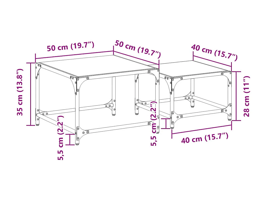 Tables basses gigognes 2 pcs dessus en verre transparent acier