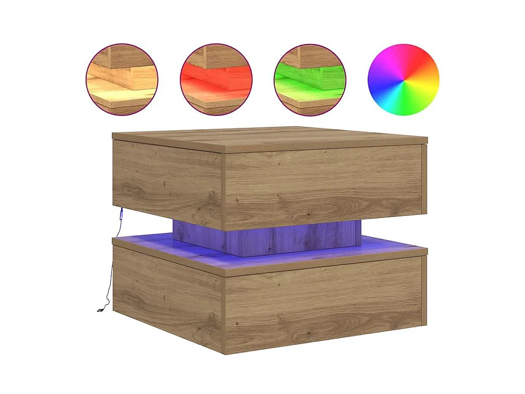 Table basse avec lumières LED chêne artisanal 50x50x40 cm