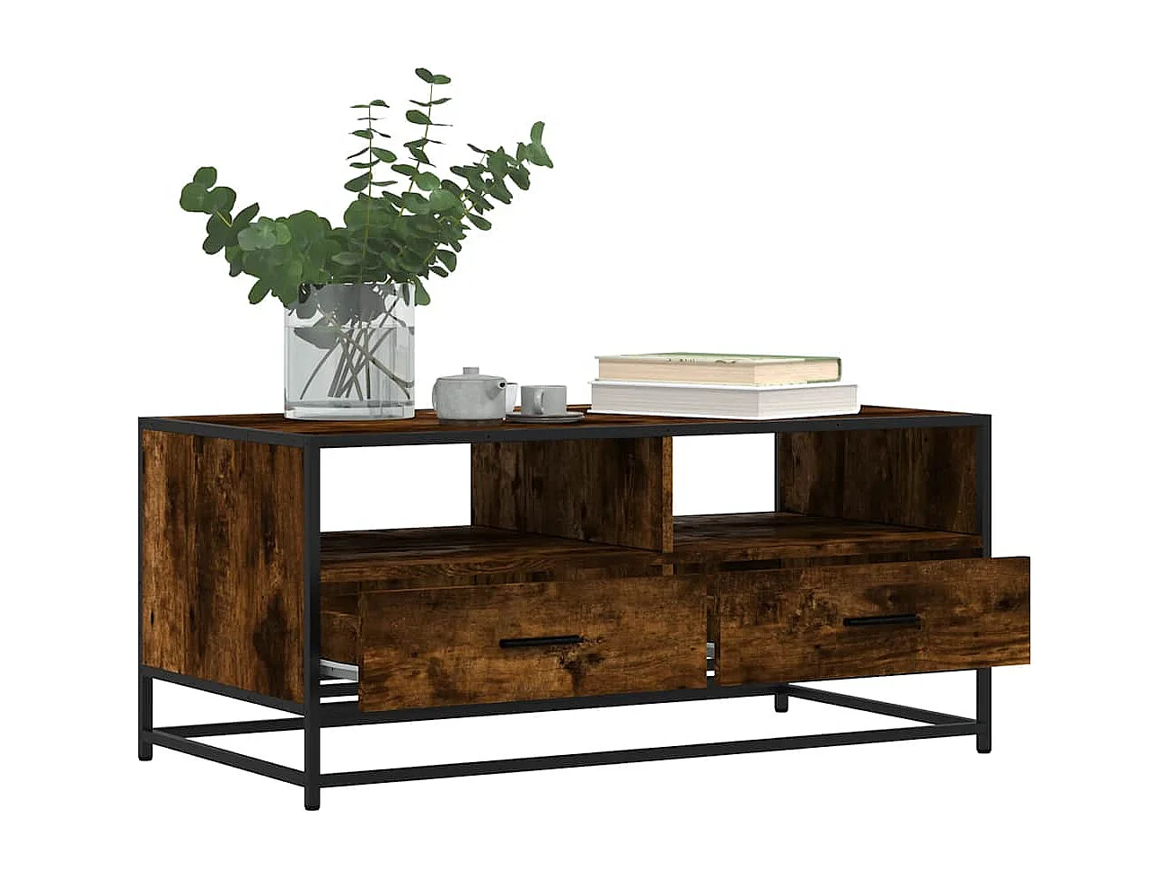 Tavolino Rovere Fumo 100x50x45cm in Legno Multistrato e Metallo