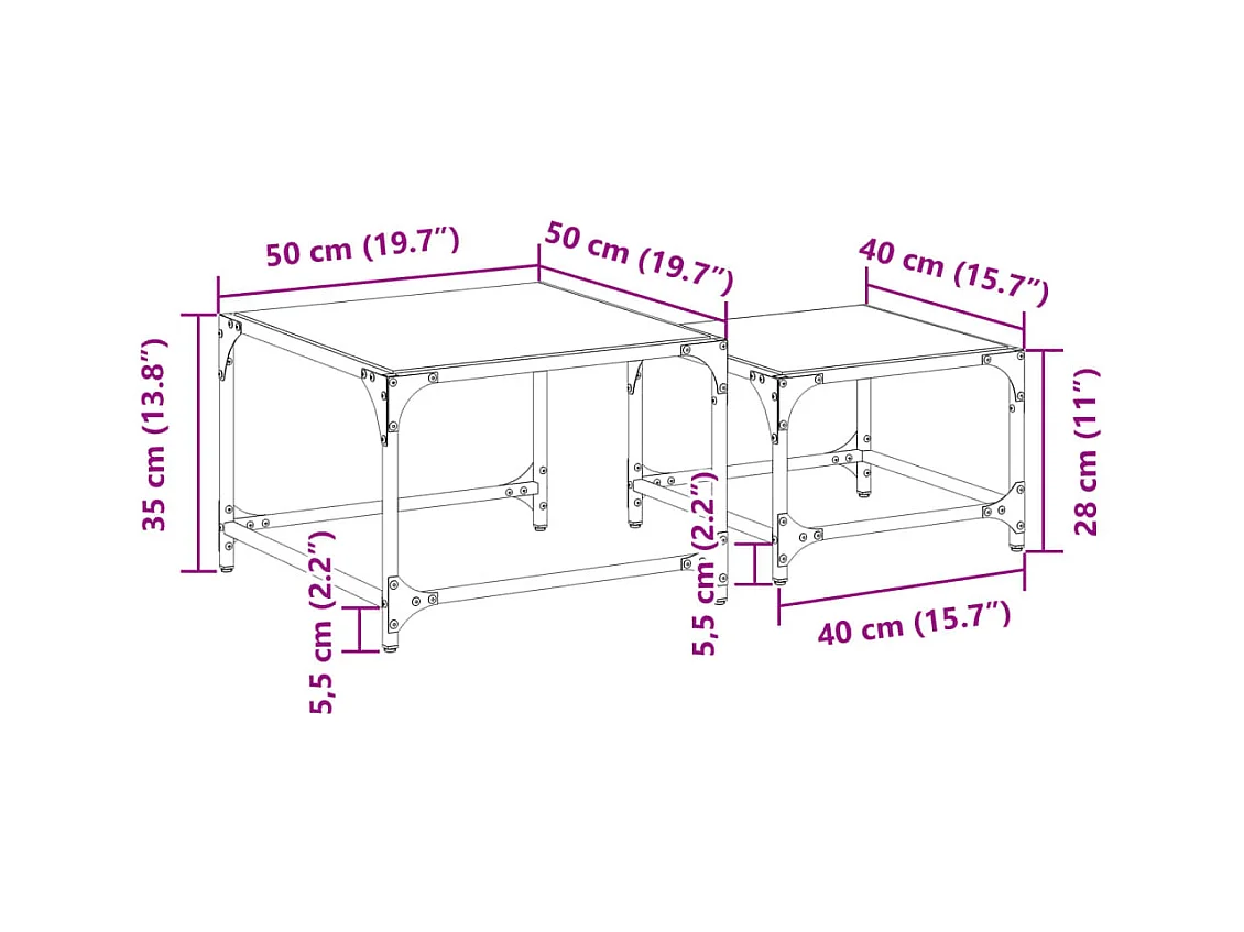 Tables basses gigognes 2 pcs dessus en verre noir acier