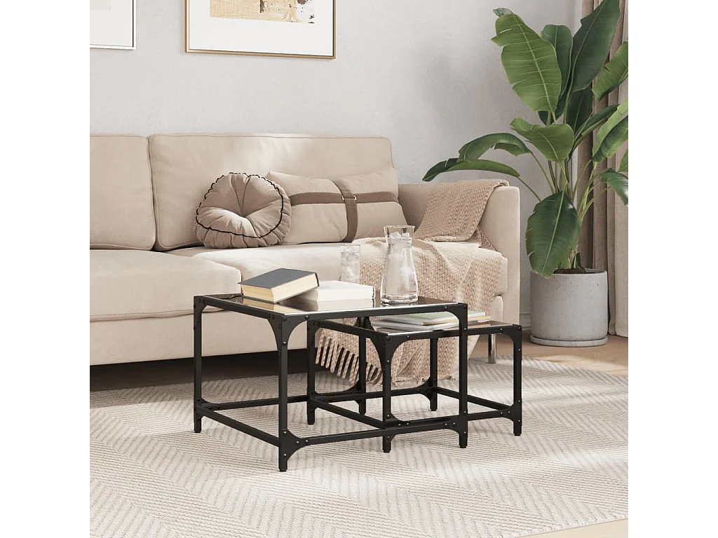 Tables basses gigognes 2 pcs dessus en verre noir acier