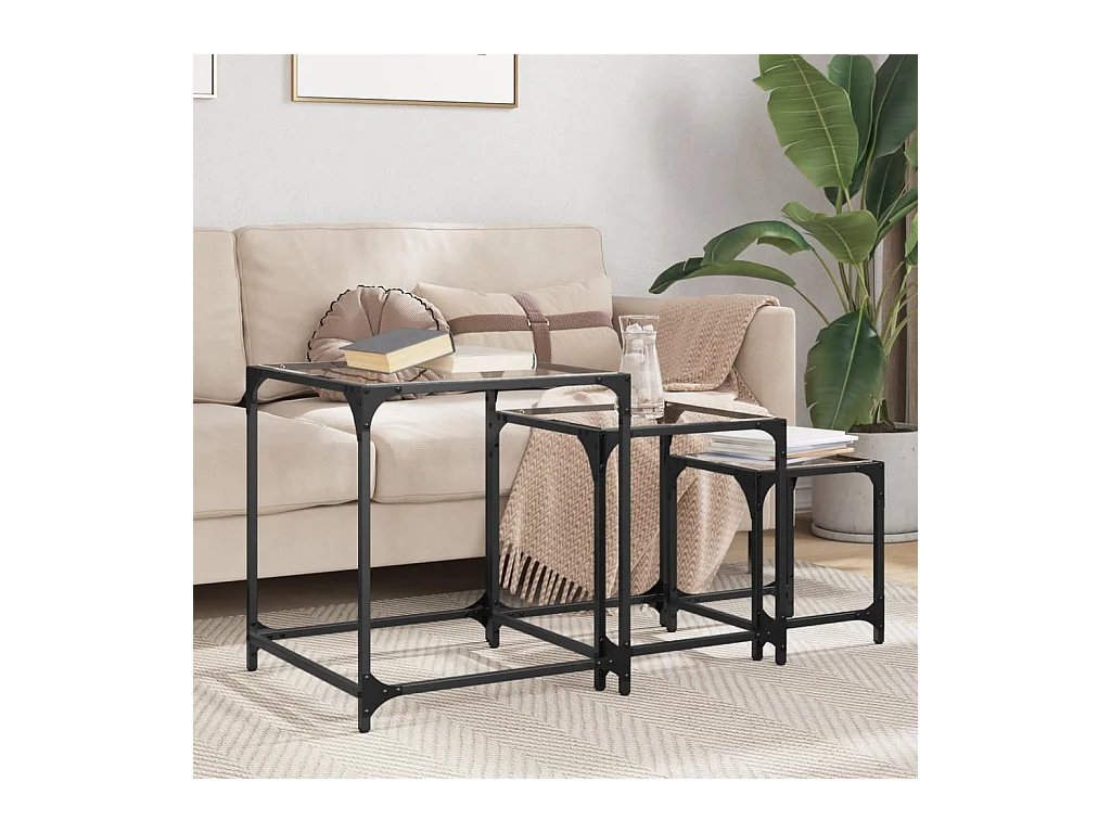 Tables basses gigognes 3 pcs dessus en verre transparent acier