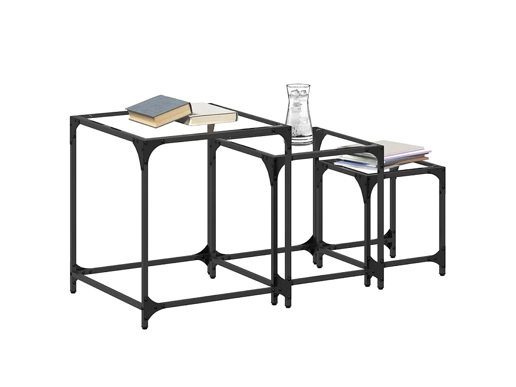 Tables basses gigognes 3 pcs dessus en verre transparent acier