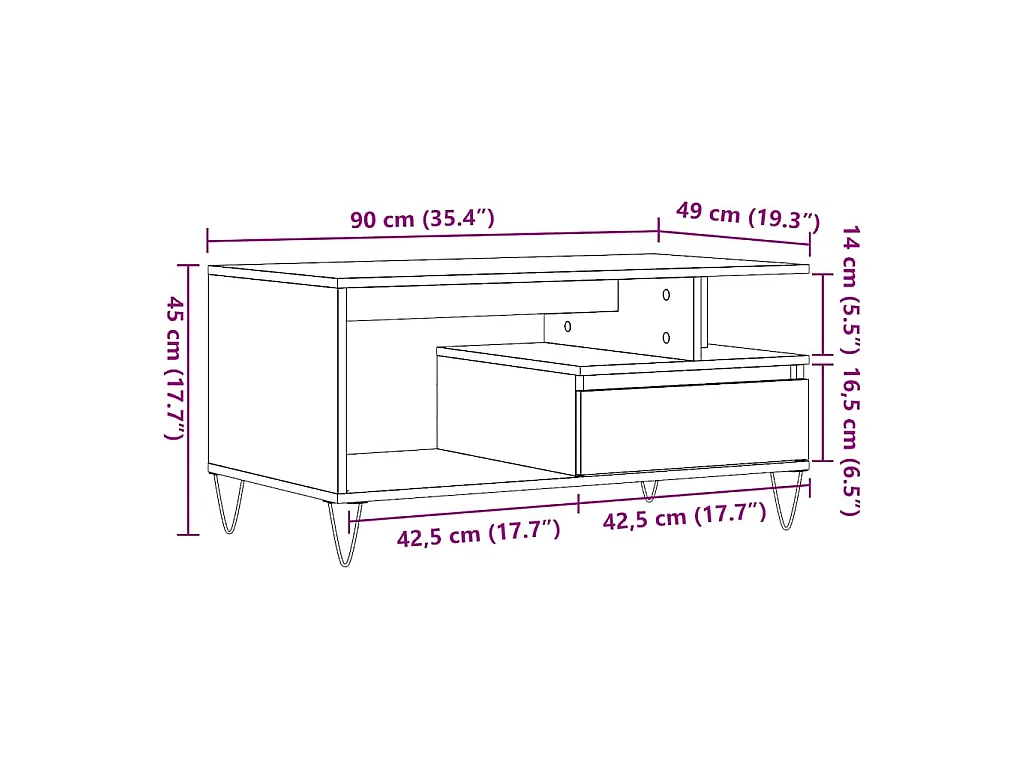 Tavolino Salotto Rovere Artigianale 90x49x45 cm Multistrato